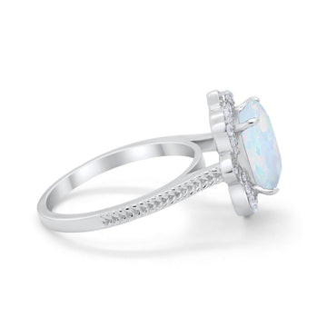 Halo Emerald Cut Engagement Ring Created White Opal 925 Sterling Silver